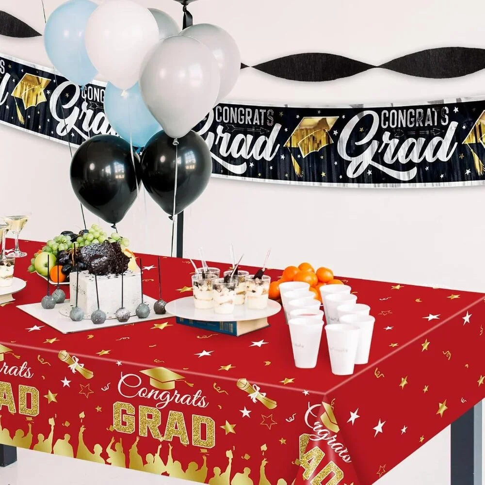 54 x 108 Inch Graduation Plastic Tablecloth - Congrats Grad Design Disposable R